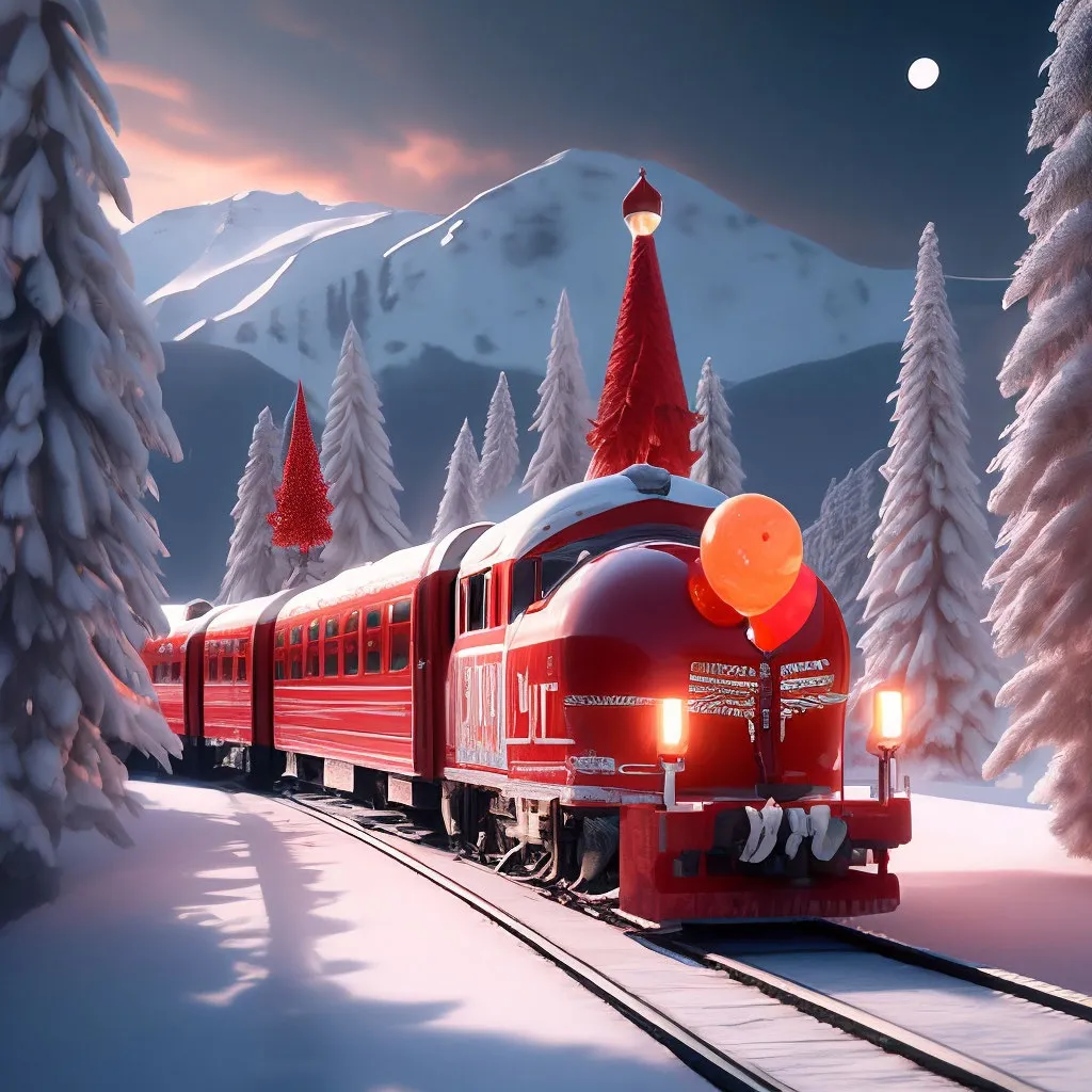 a red train traveling through a snow covered forest