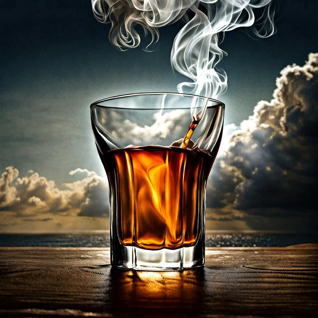 a glass of whiskey with smoke coming out of it