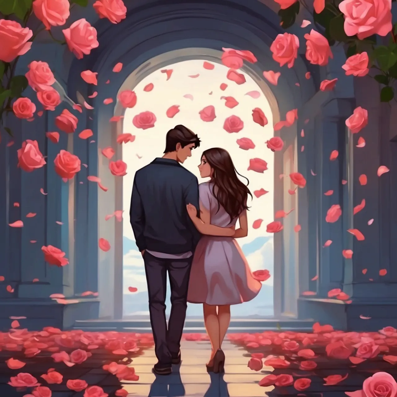 a man and a woman walking through a tunnel of roses