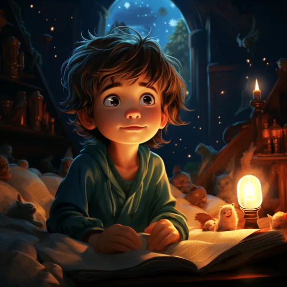 Young boy reading a letter from his deployed father surrounded by fairies in a magical forest