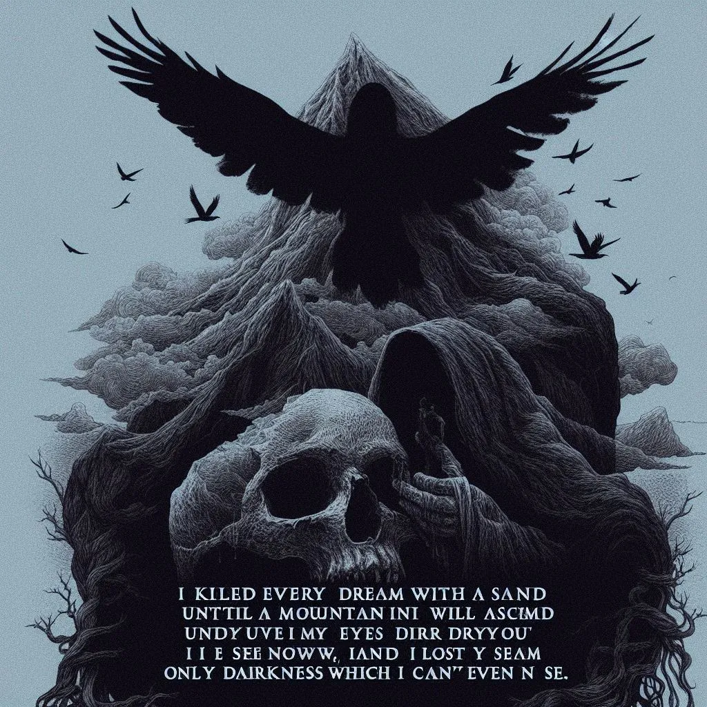 a black and white poster with a skull and a crow