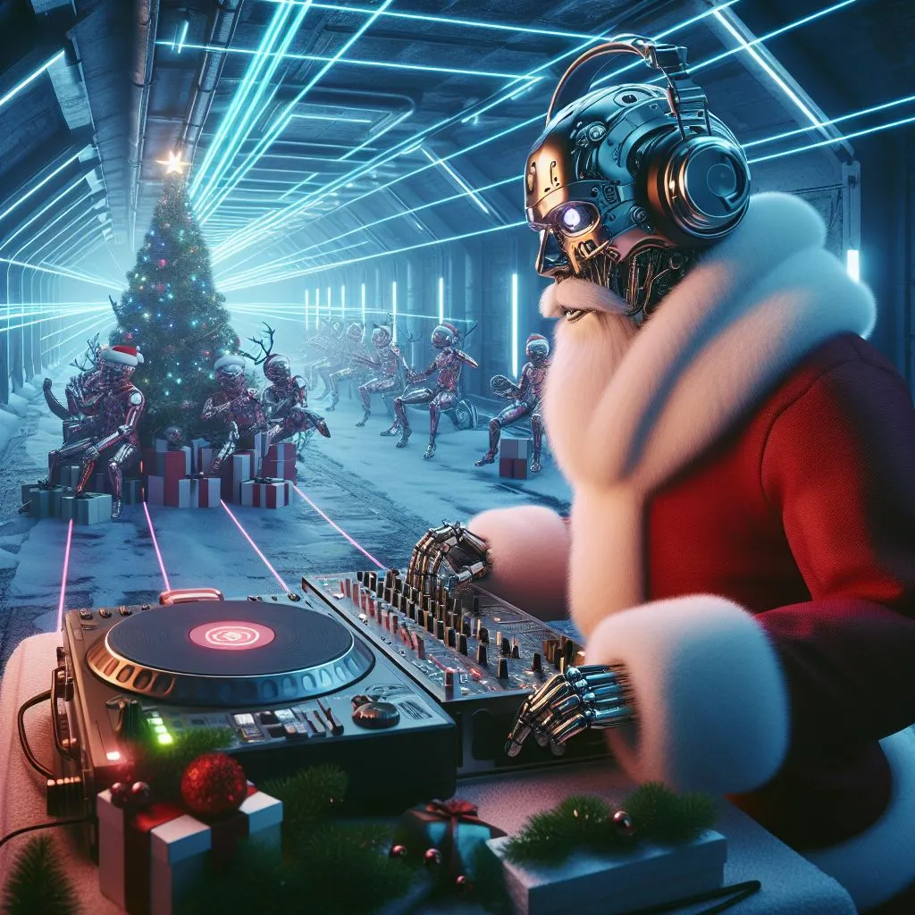 a DJ in a Santa suit with headphones on, Dancing Reindeers, Hi Tech, Electronic, Photorealistic, 16K