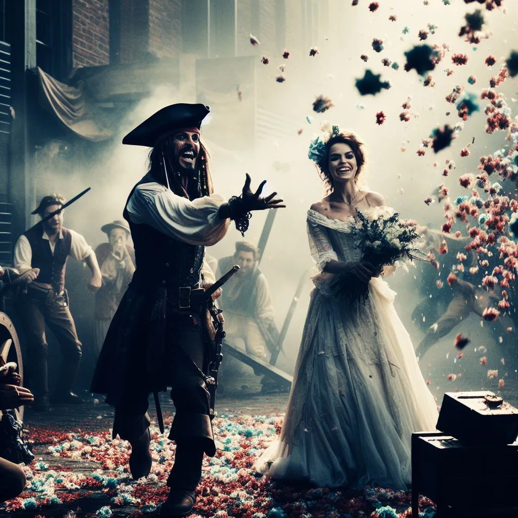 A pirate man and a woman in a wedding dress, tosses her rose flowers to bridesmaids 