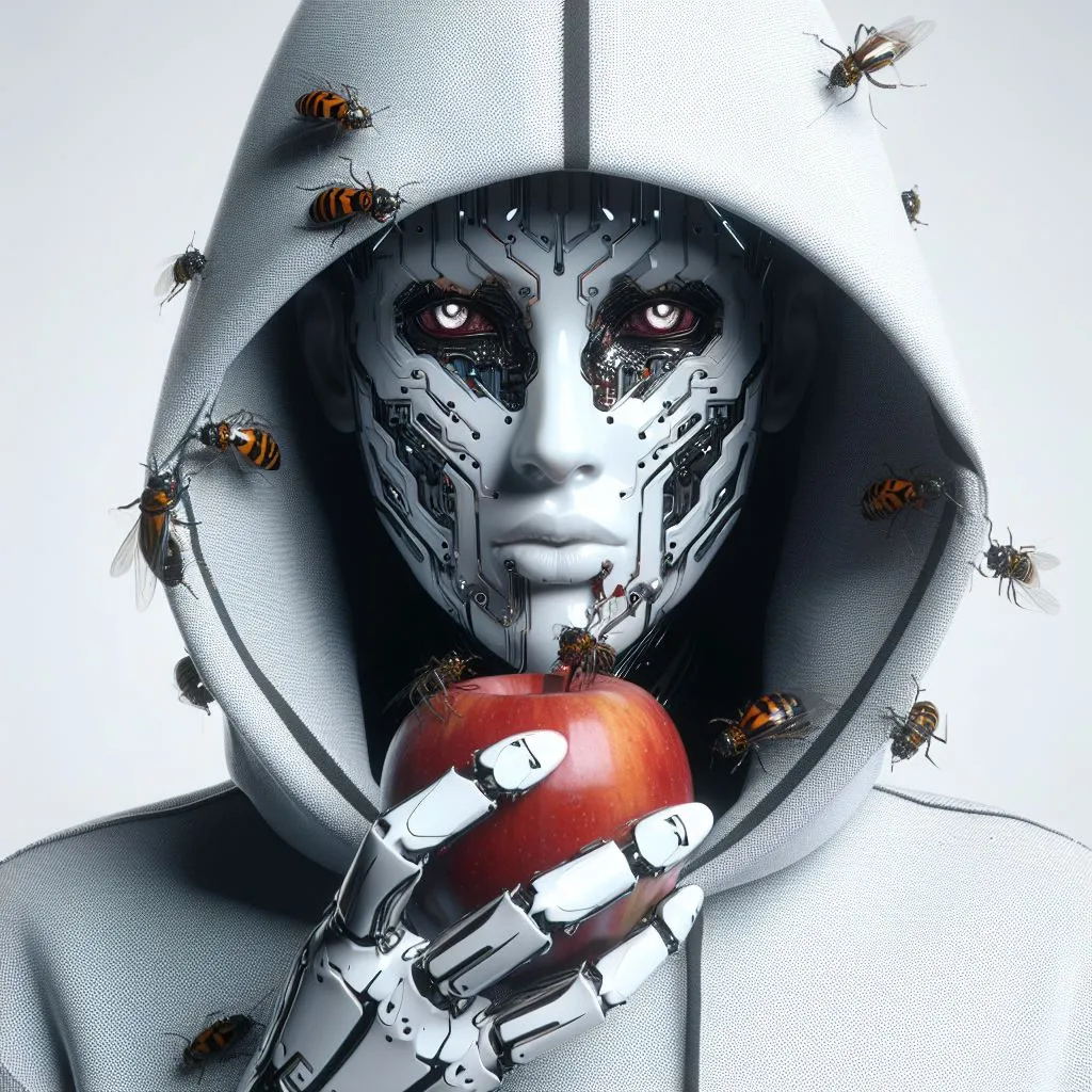 Hoodie Cyborg eating an apple crawling in bugs, Futuristic, Sleek, glossy, Scary, Horror, Medieval, Cyber Genetics, Dynamic Movement, Studio Lighting, Cinematic, Realistic, 16K Movie