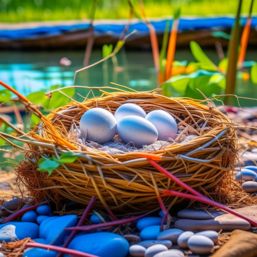 a bird nest filled with three white eggs