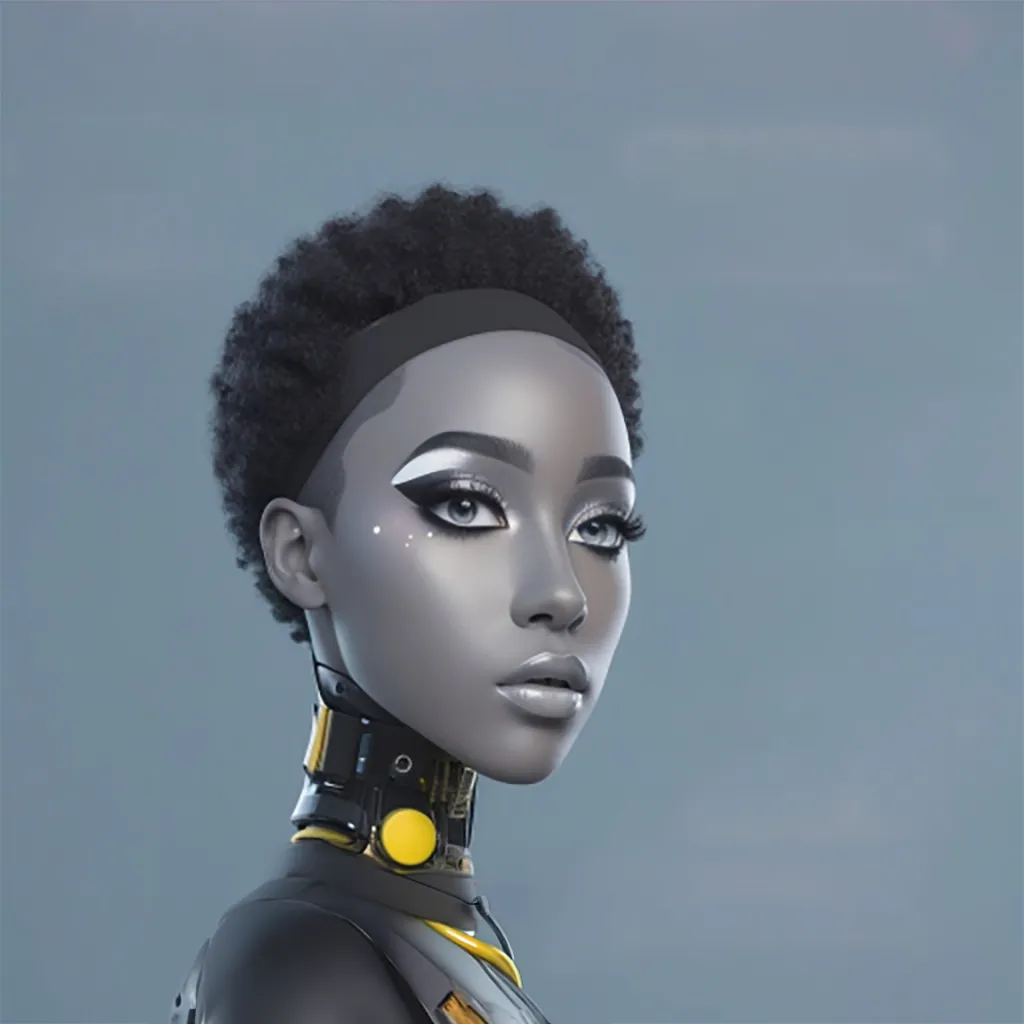 a black woman with a yellow collar and black hair