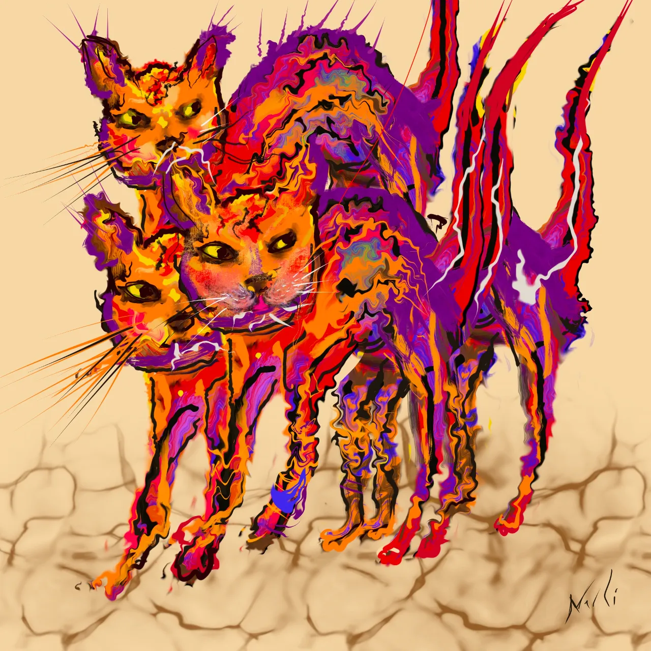 a painting of two cats with different colors dancing and jumping