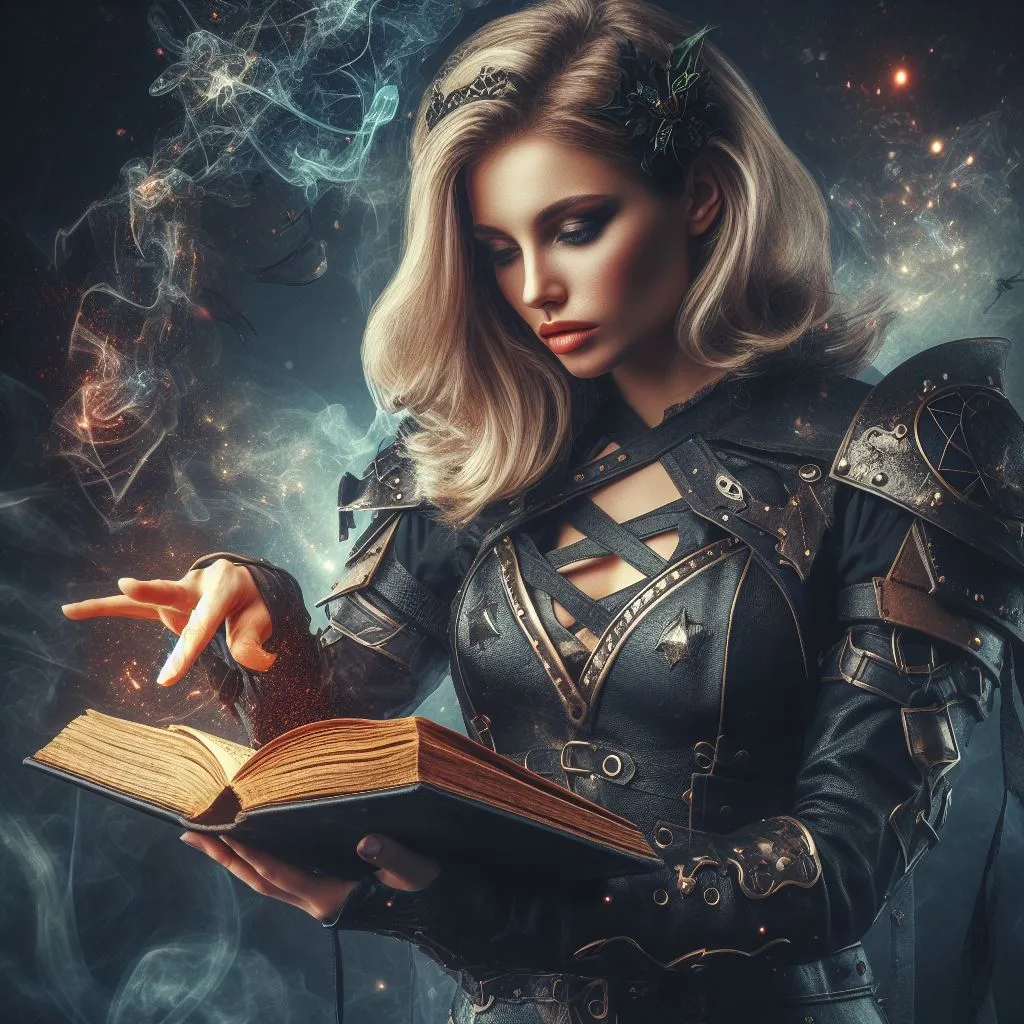 a woman in a leather outfit holding an open book