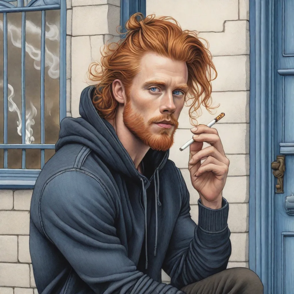 “European long haired Ginger guy in his mid 30’s with his long ginger hair in a bun and a cigarette in his mouth, trimmed beard, 8k octane render, concept art, cinematic, intricate and detailed outdoors environment, ultra detailed face with realistic and detailed blue and grey eyes that look into the camera, cigarette smoke, dark vibe, hunk, masterpiece,”