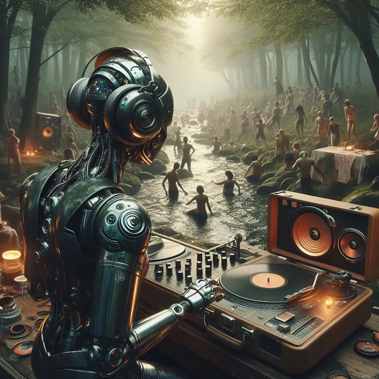 a Robot DJ mixing on a turntable in front of a crowd of people dancing in a river, Fantasy, Outdoor Rave, Countryside, River, Cinematic, Photorealistic, Highly Detailed, Glossy, 16K