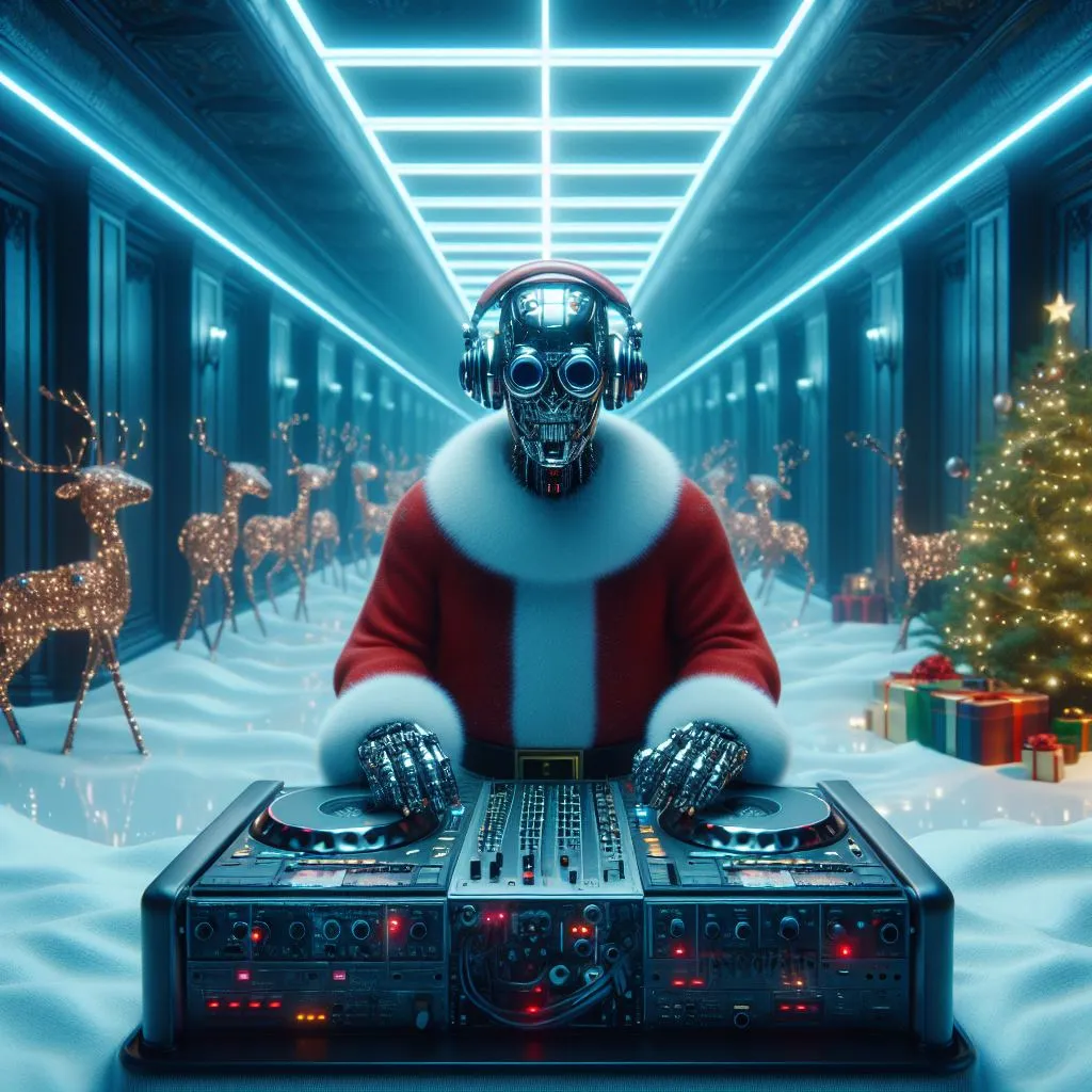 a DJ in a Santa suit with headphones on, Dancing Reindeers, Hi Tech, Electronic, Photorealistic, 16K