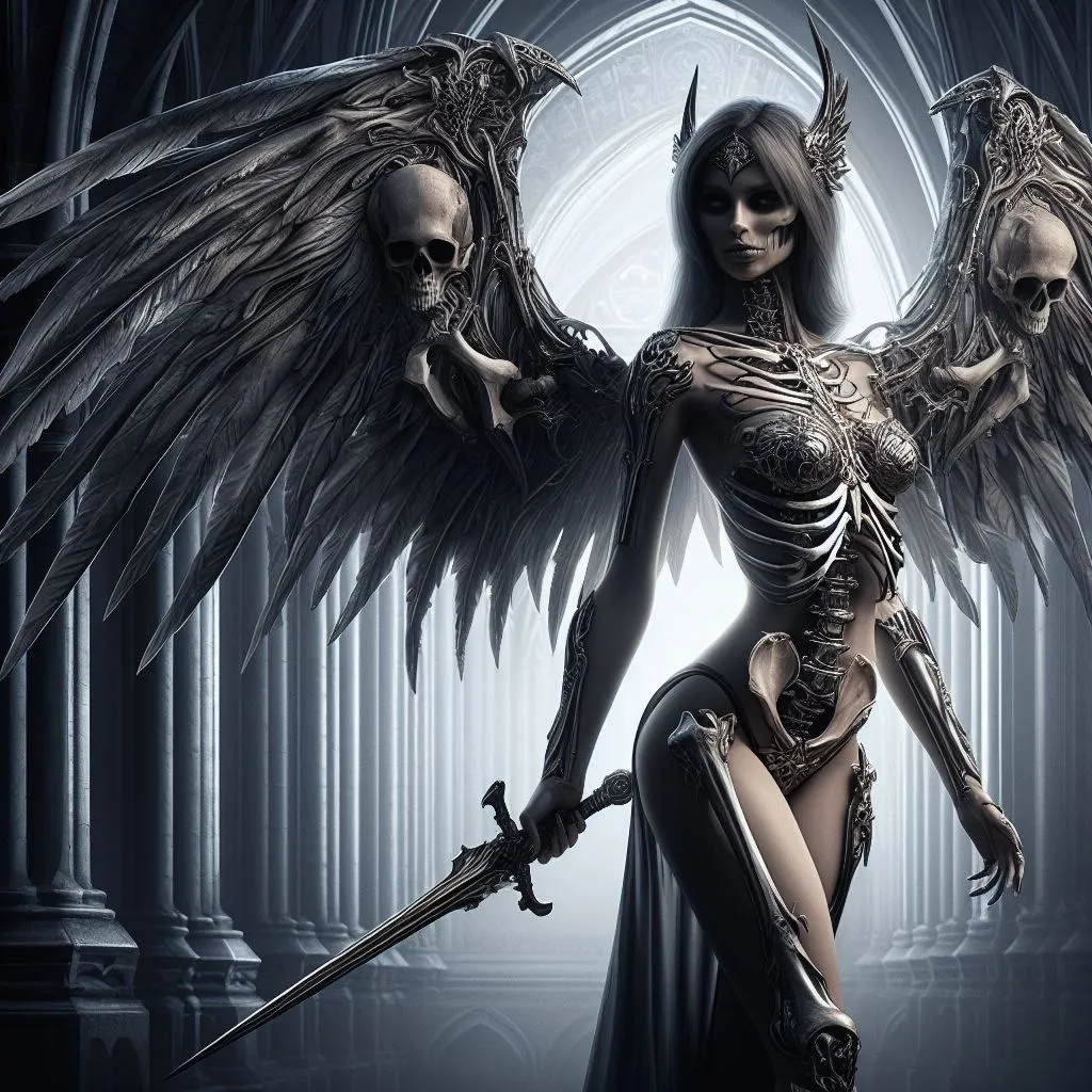 a woman with wings holding a sword and a skull