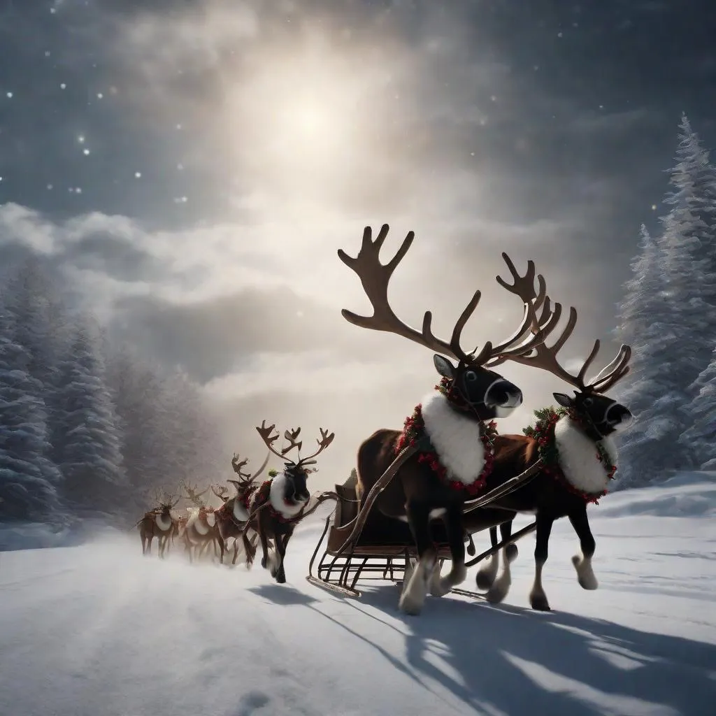 a group of reindeers pulling a sleigh through the snow