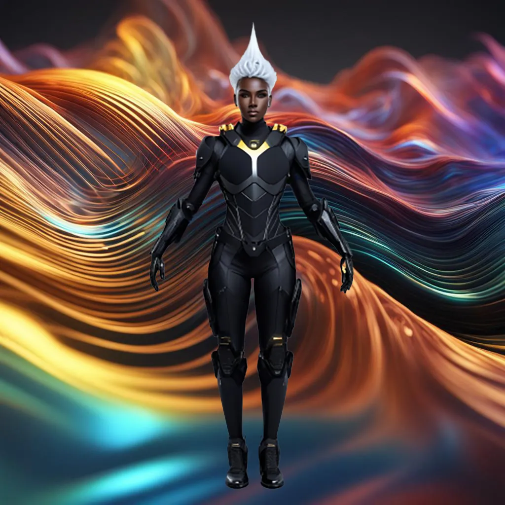 a warrior woman in a futuristic suit standing in front of a colorful moving background