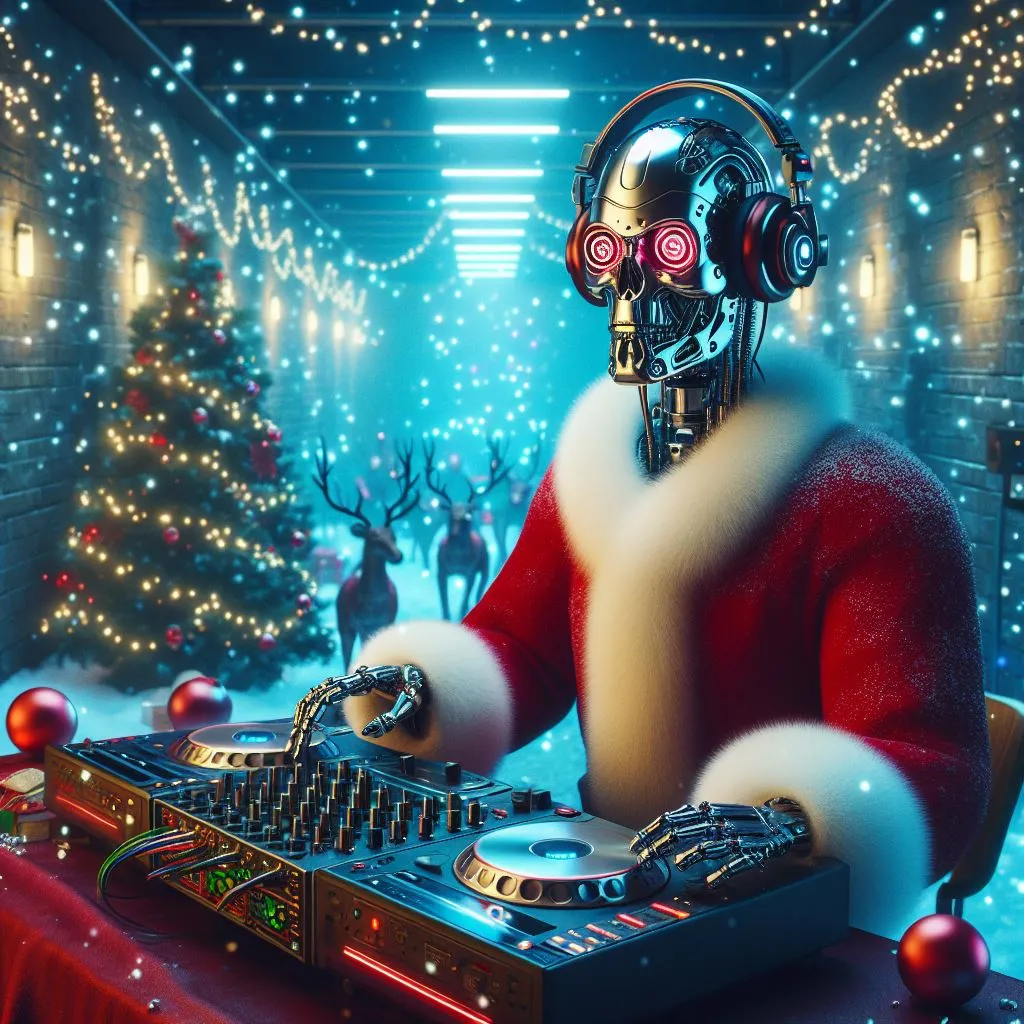 a DJ dressed as Santa Claus dancing, Reindeers Dancing, Christmas Lights, Medieval, Glossy, Photorealistic, 16K