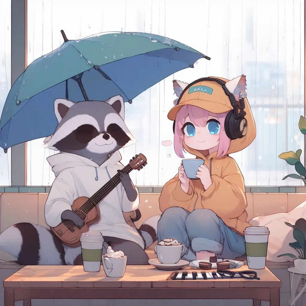 a raccoon sitting on a couch next to a girl holding an umbrella