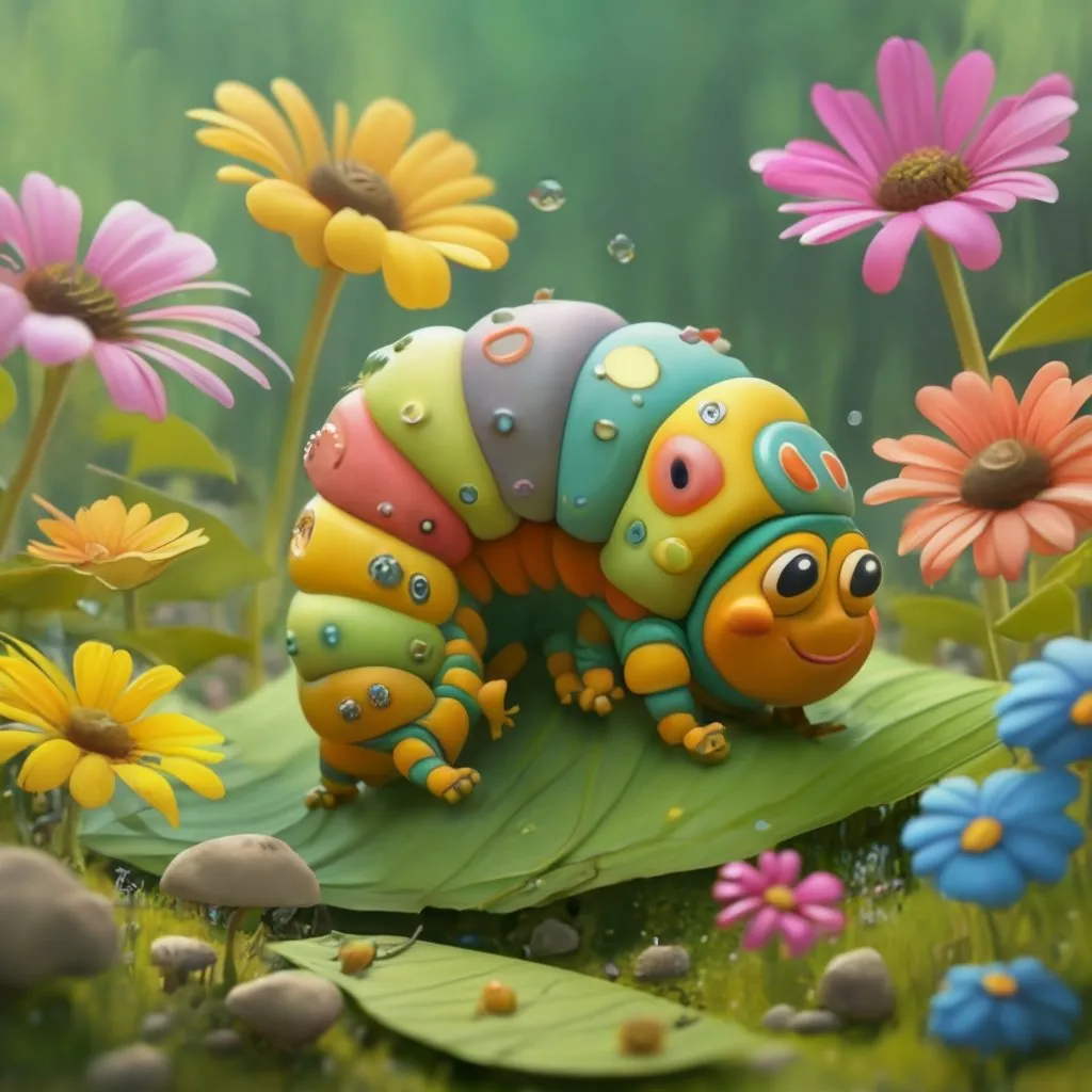 a colorful caterpillar sitting on a leaf in a field of flowers