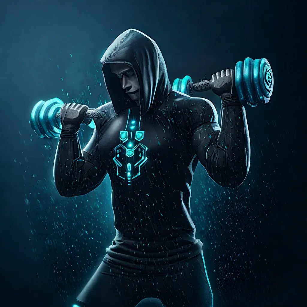 a man with a hoodie lifting a pair of dumbbells in the rain, High Energy, Fitness, Muscle, Realistic, 8K