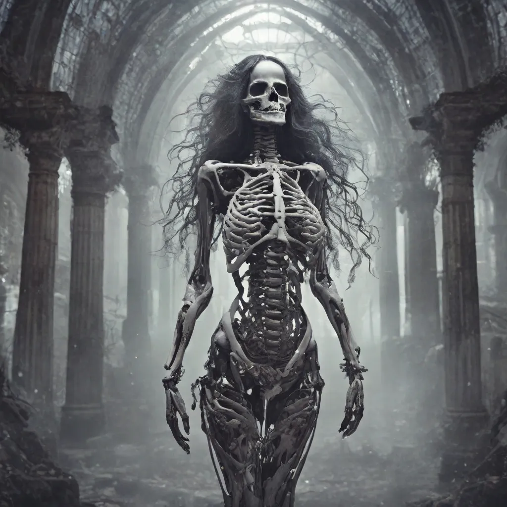 a skeleton woman is walking through an old building