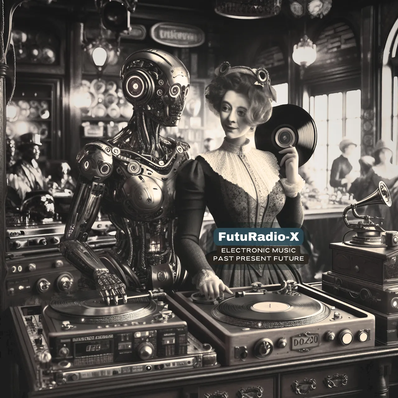 Victorian DJ skeleton using DJ Decks next to a gramophone on a cobbled street, Old, Vintage, Victorian, Genetics, Photorealistic, Photography, Historic, 16K HD