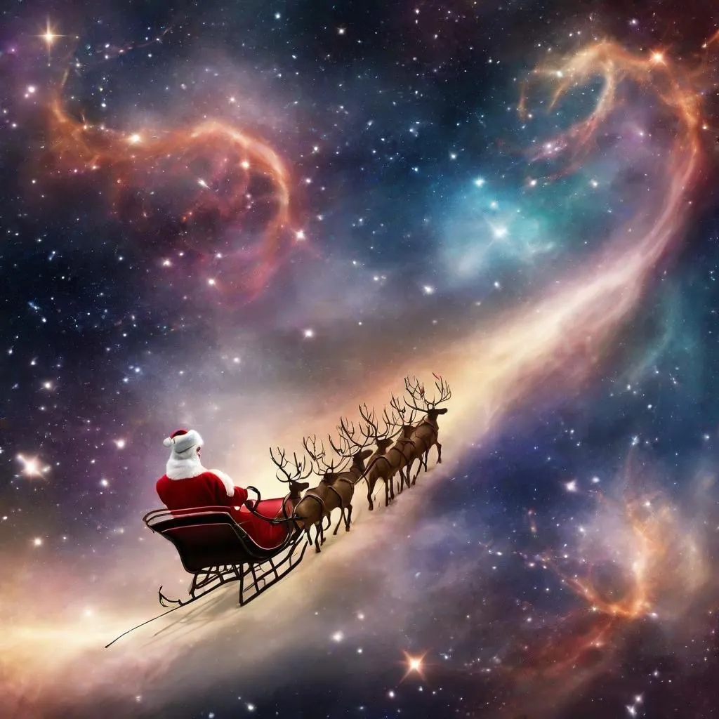 a santa claus sleigh flying through the nebula