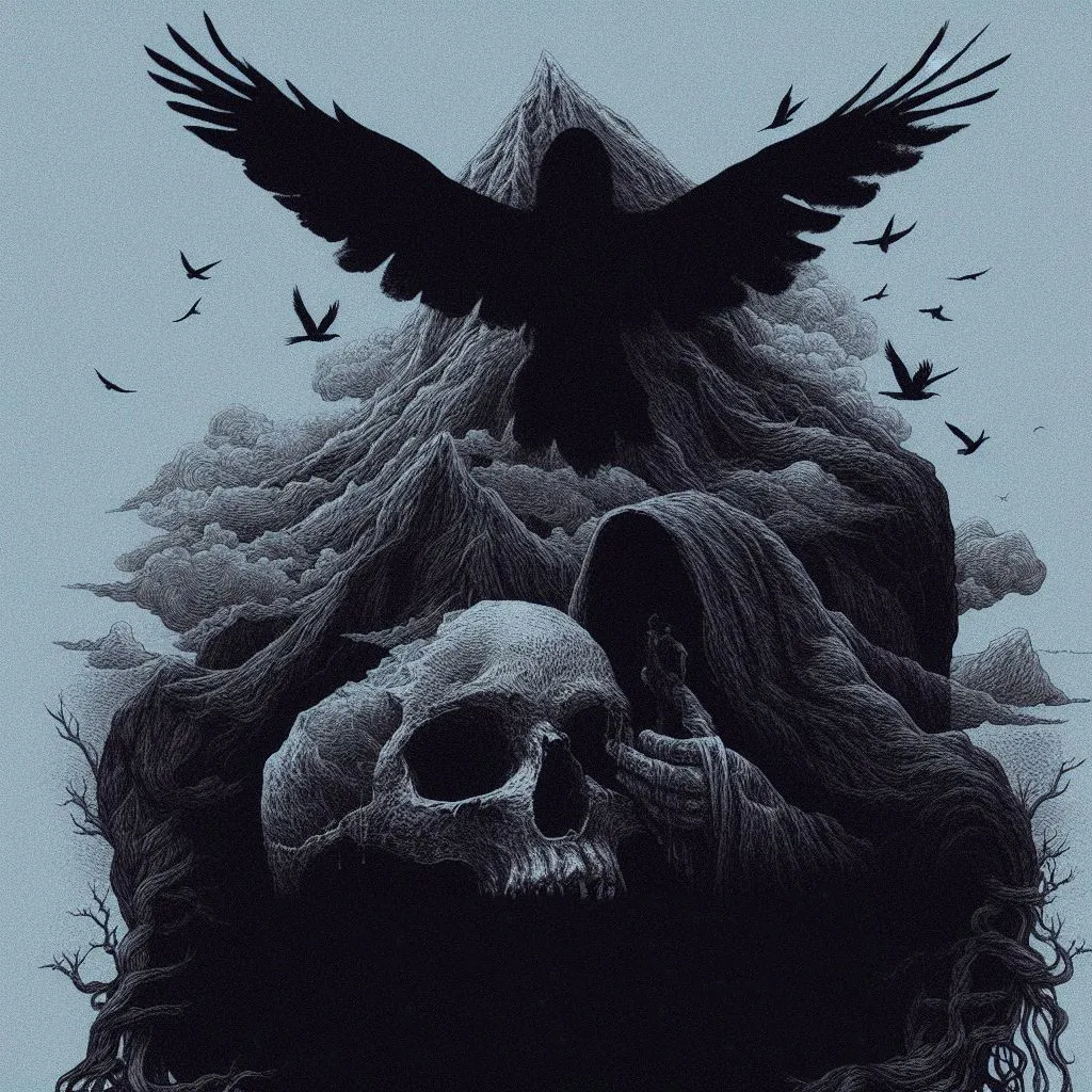 a black and white drawing of a skull and a bird