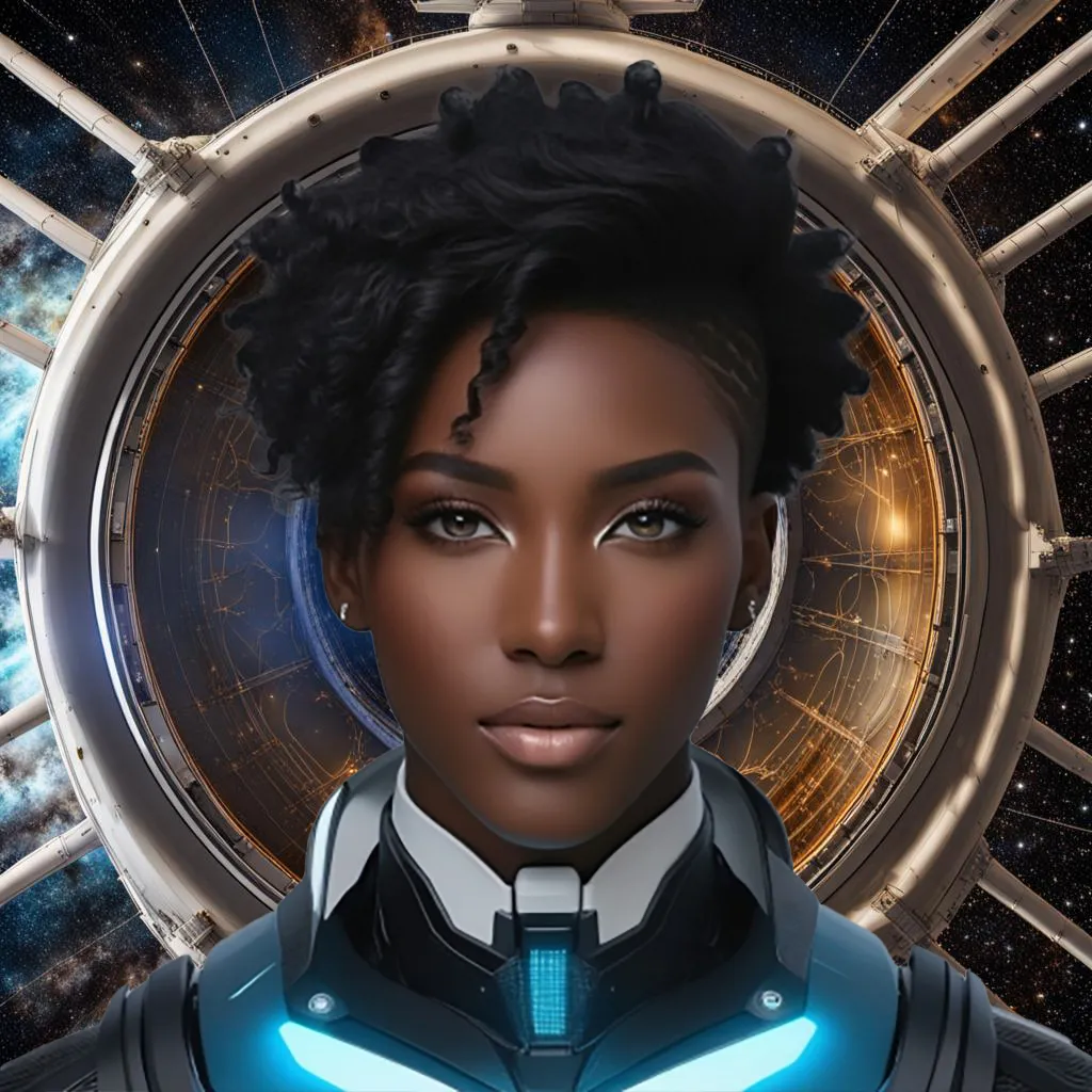 a blinking woman in a futuristic suit with a sci - fi moving background