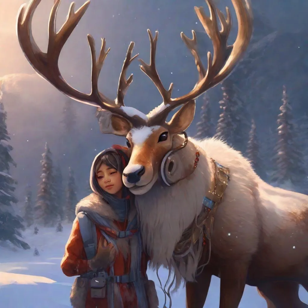 A woman standing next to a reindeer in the snow, 8k, 4k