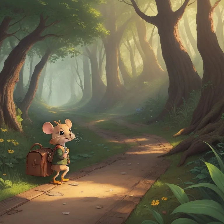 a mouse carrying a suitcase in the middle of a forest