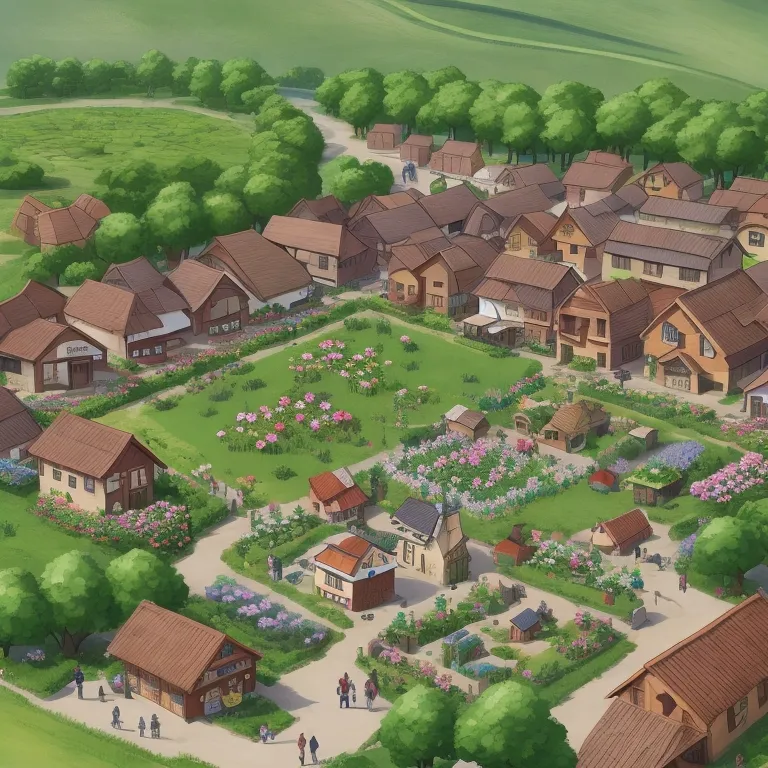 The once-barren village square now transformed into a vibrant space with blossoming flowers and fruit trees.
Additional Elements Villagers in awe, pointing and celebrating, a renewed sense of life in the village
