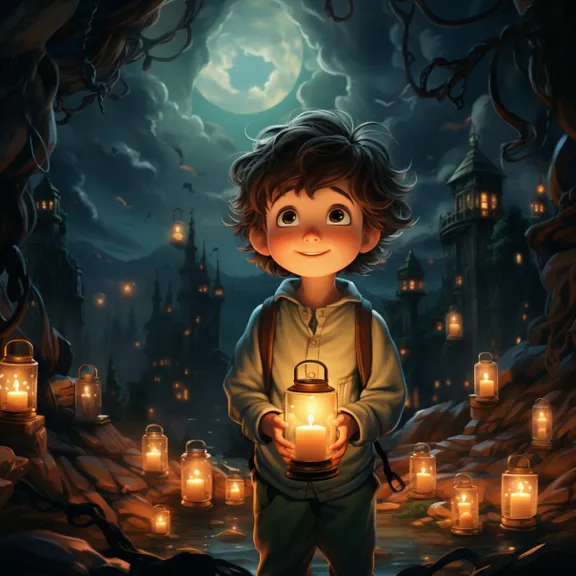 a boy holding a lantern in a dark forest