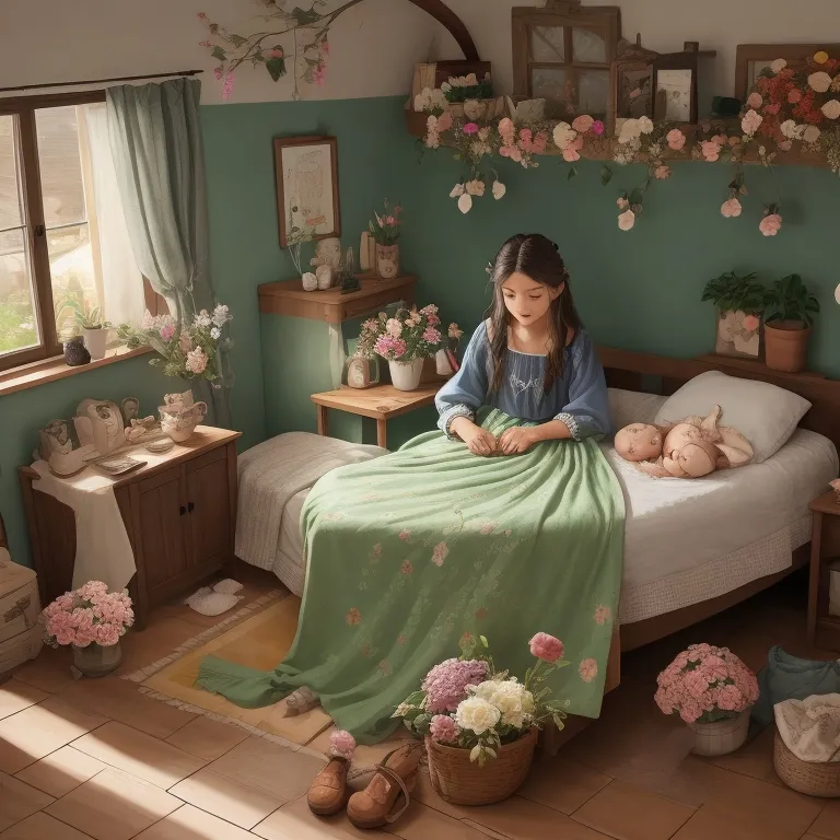 a young girl sitting on a bed in a bedroom