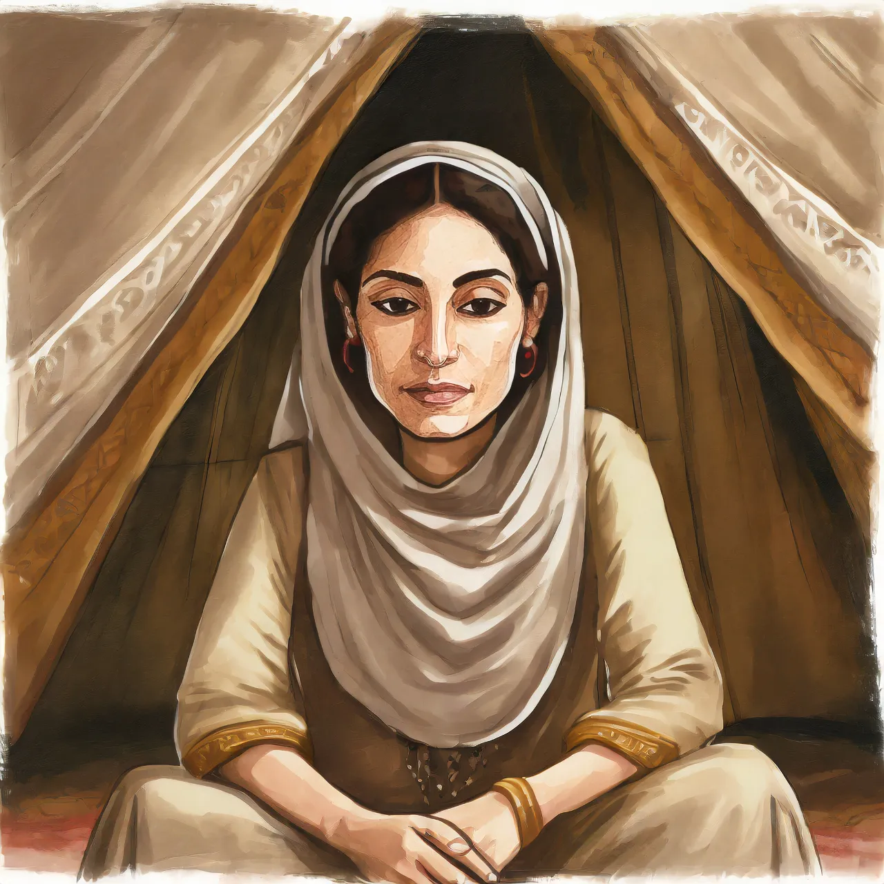 a painting of a woman sitting in a tent