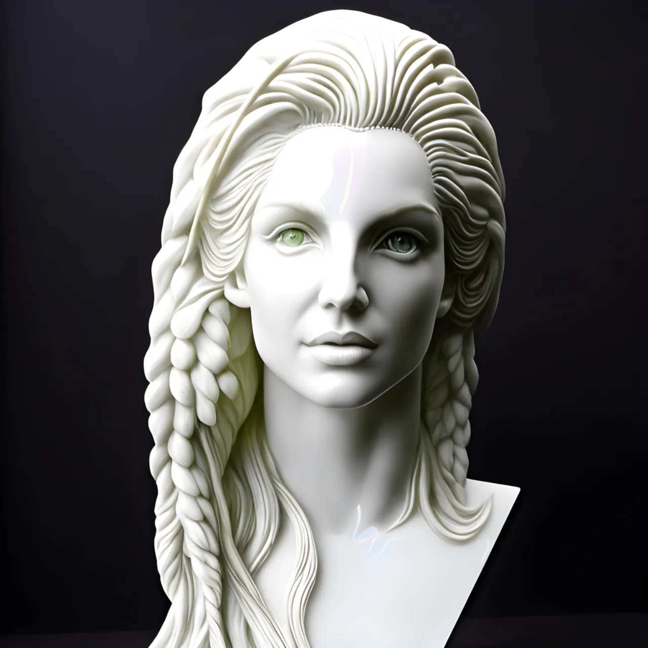 a white bust of a highly detailed Britney Spears with braids on her hair