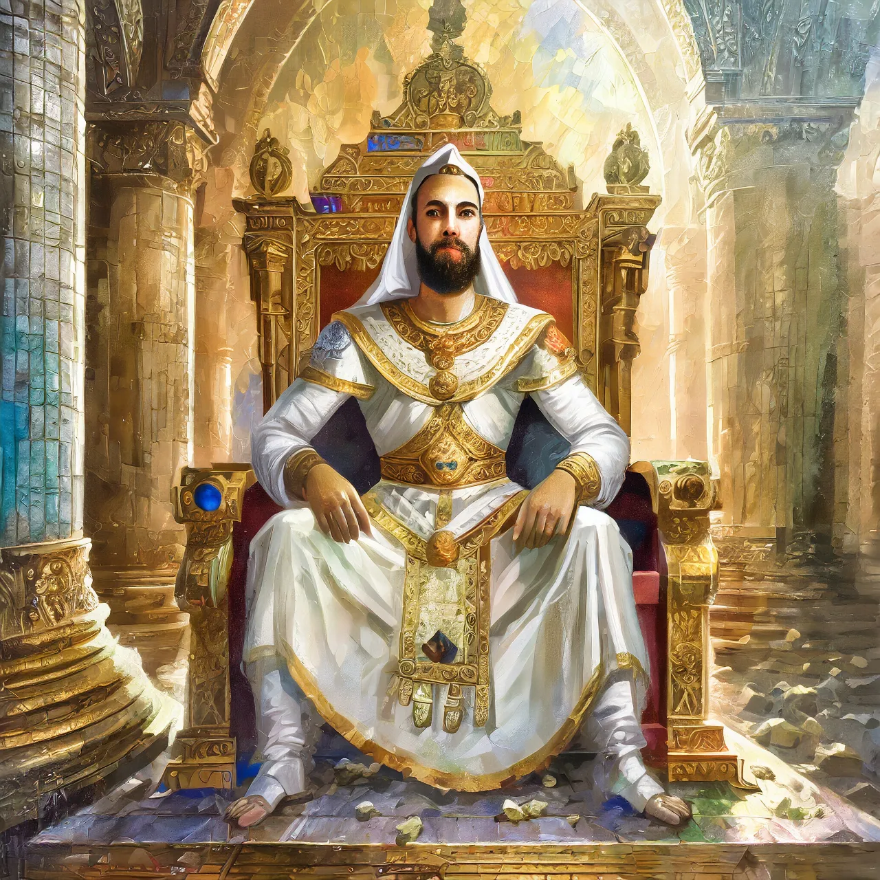 a painting of a man sitting on a throne