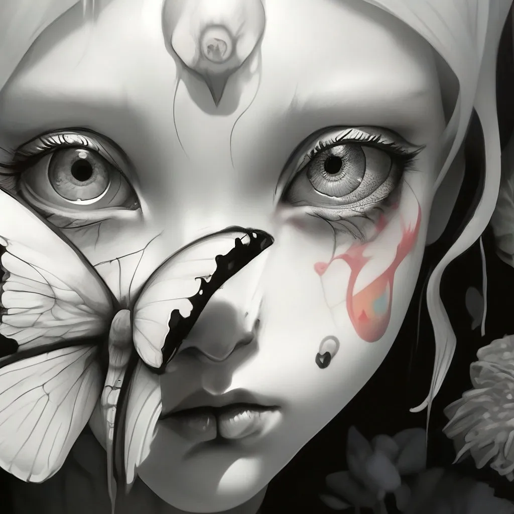 a painting of a girl with a butterfly on her face