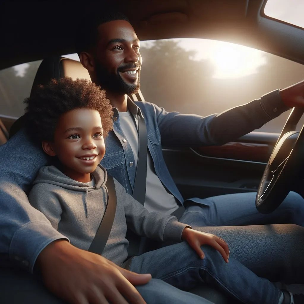 a man and a child are sitting in a car