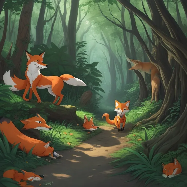 a painting of a group of foxes in a forest