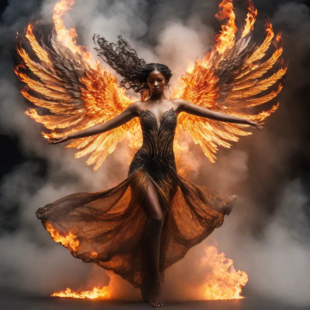 a woman angel in a black tunic with fire wings