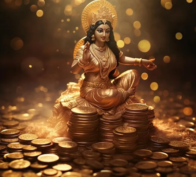 a statue sitting on top of a pile of coins full hd