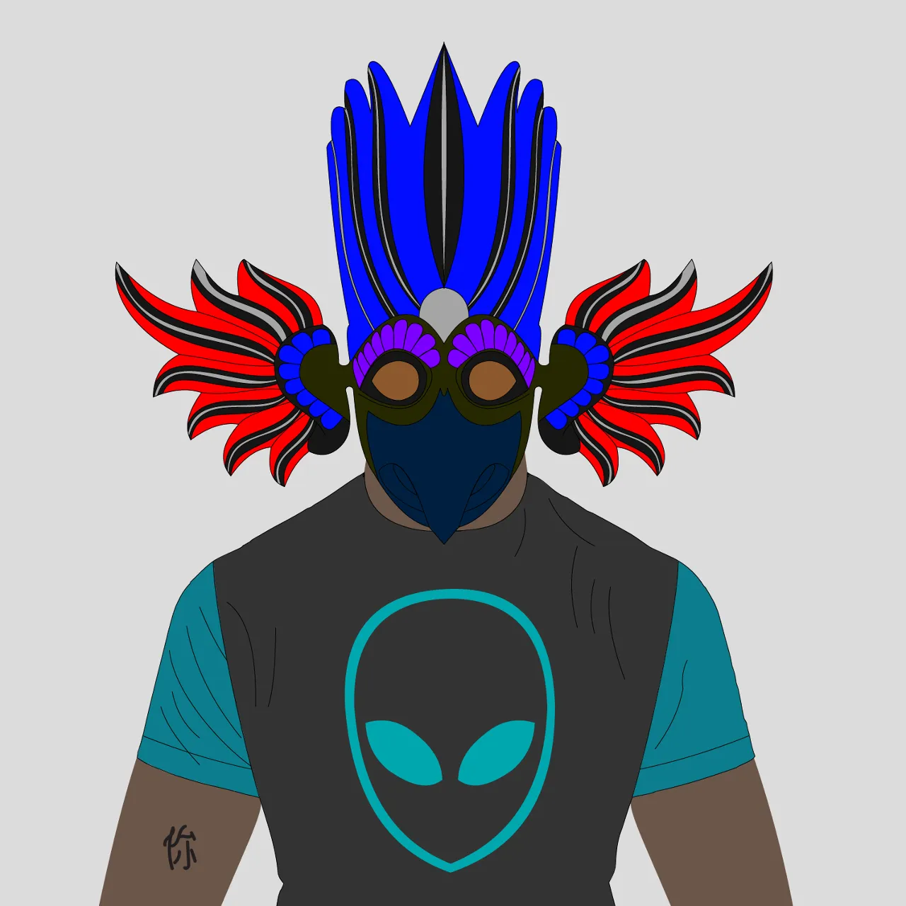 an alien man wearing a mask with wings on his head