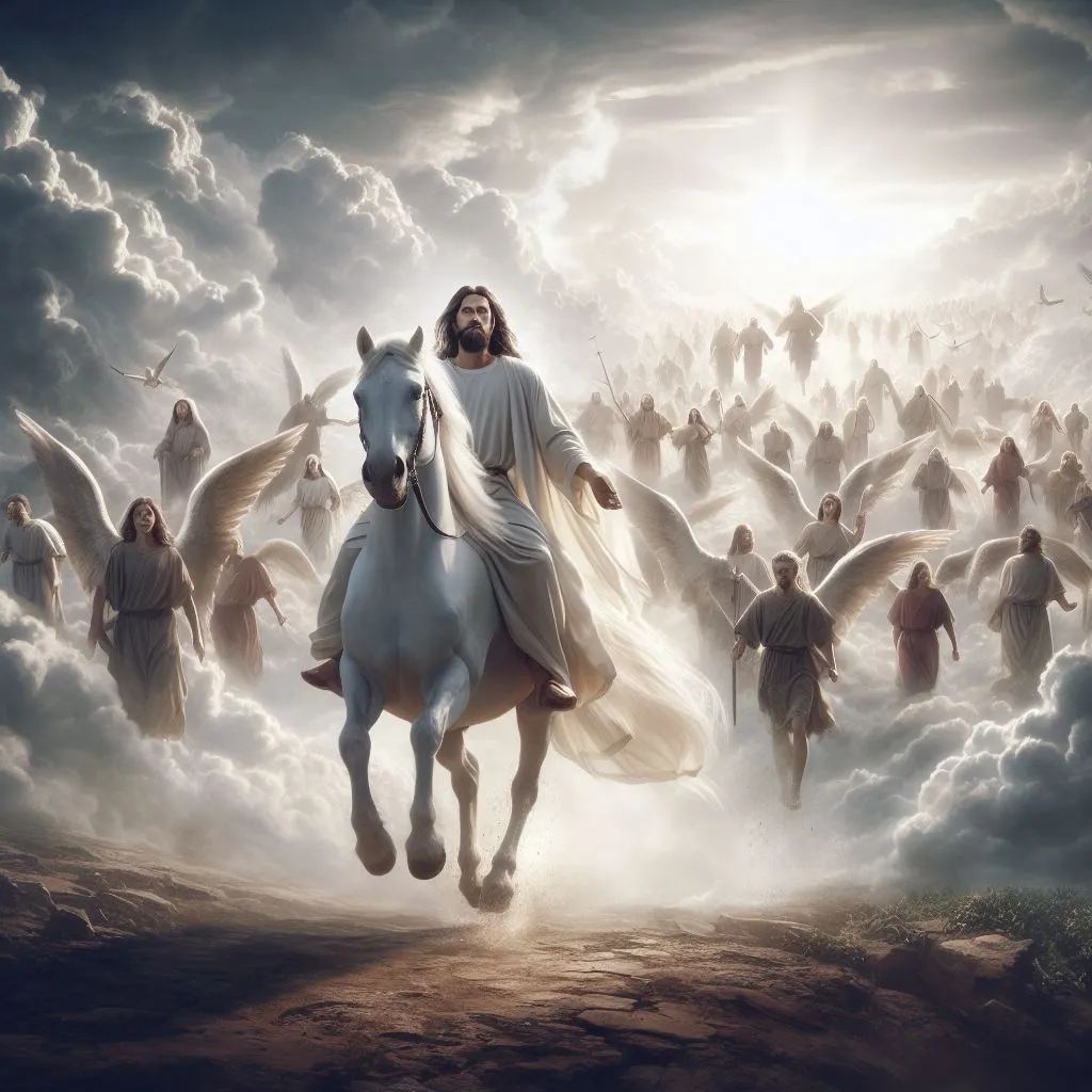 jesus riding on a white horse surrounded by angels