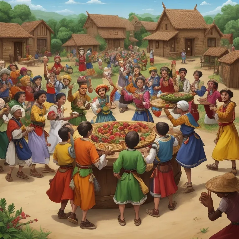 The villagers coming together to celebrate the newfound abundance with Milo at the center.
•	Additional Elements: Tables filled with fruits and food, villagers dancing and rejoicing.
