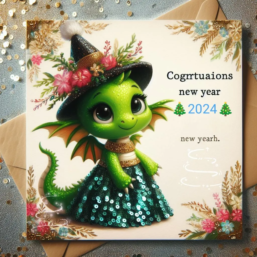 a greeting card with a green dragon wearing a witches hat