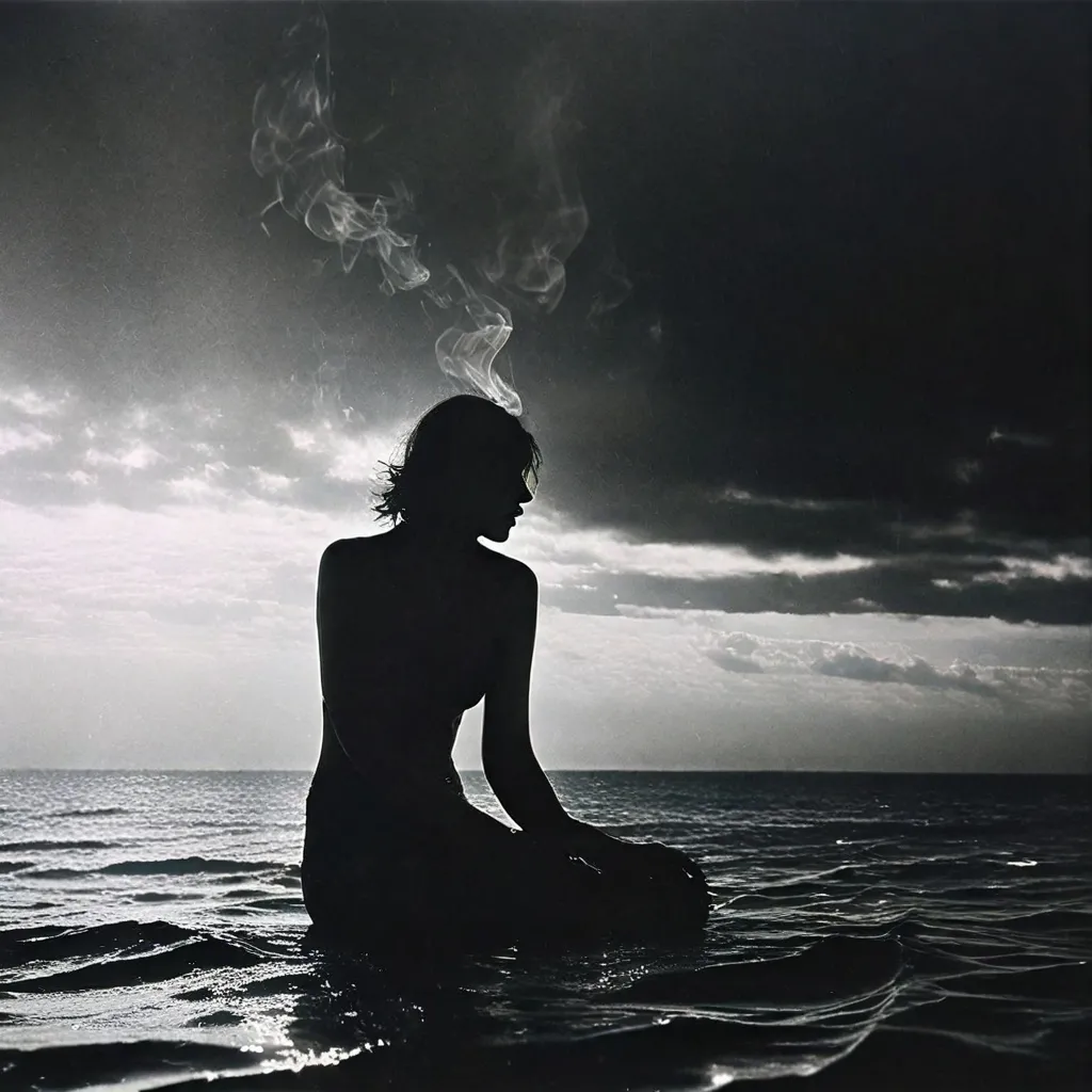 a woman sitting in the water with a cigarette in her mouth