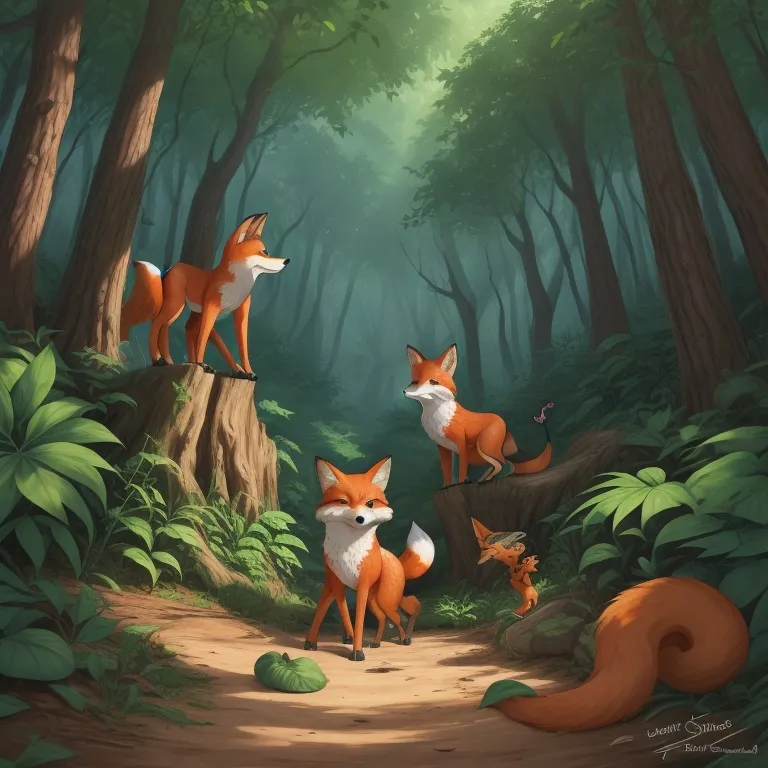 a painting of three foxes in a forest