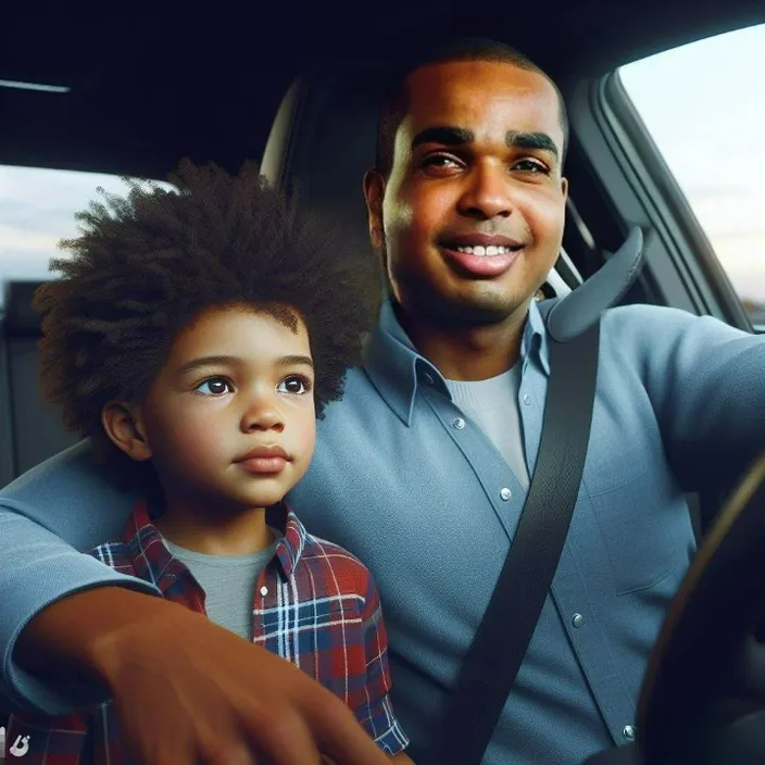 a man sitting in a car with a little boy