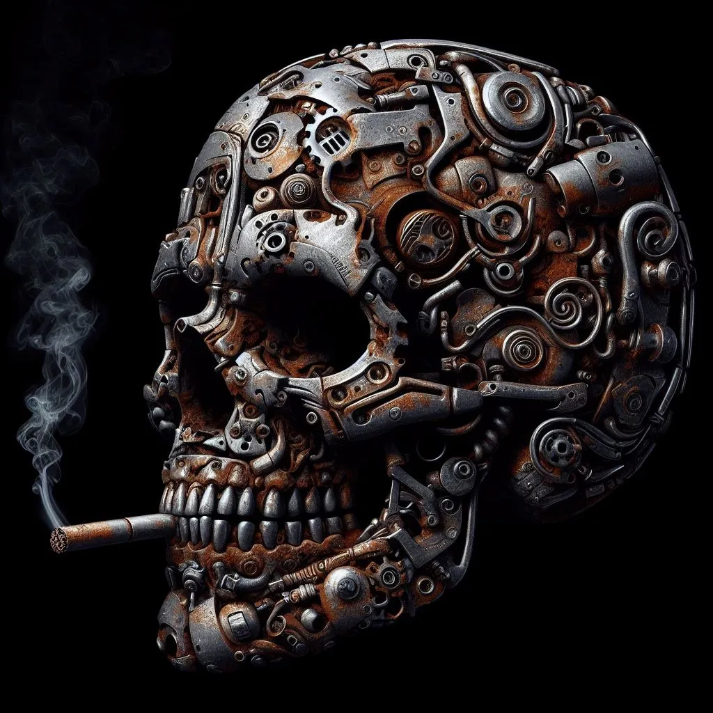 a skull with a cigarette in its mouth