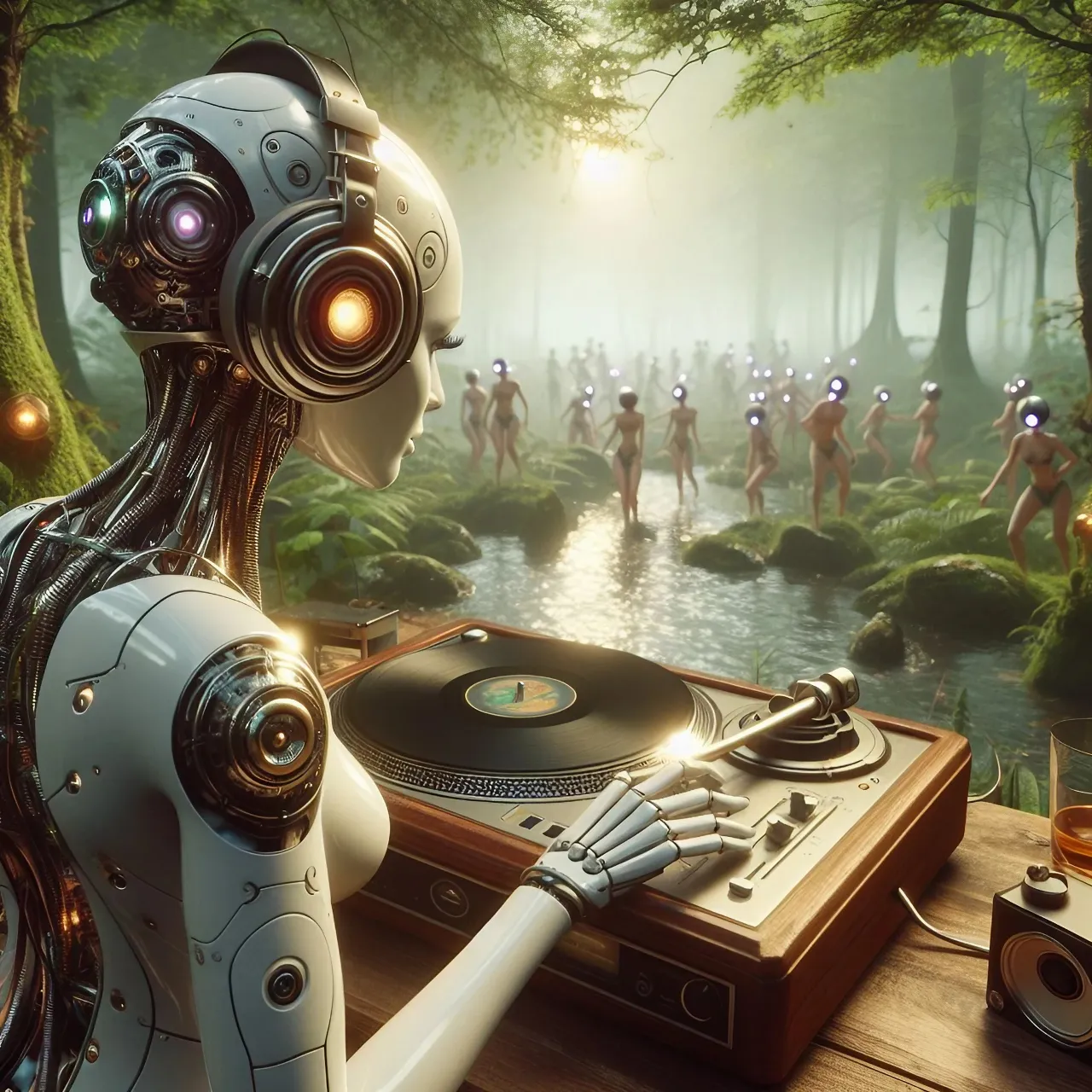 a robot dj mixing music in a forest