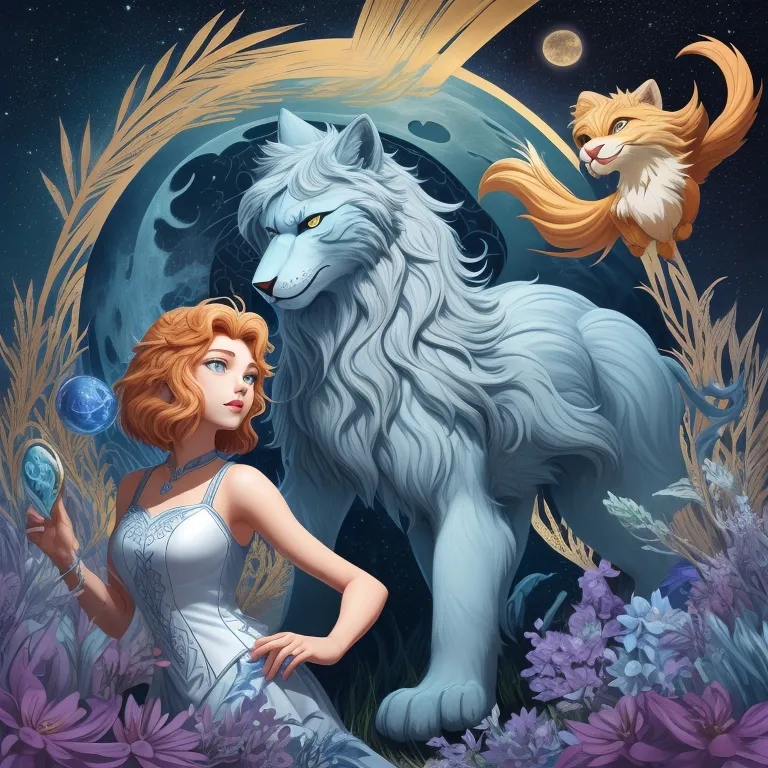 a woman standing next to a white wolf